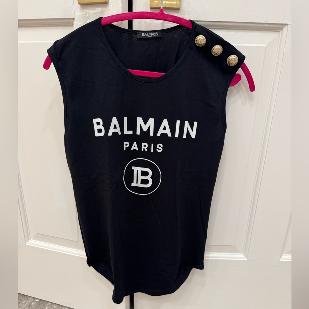 Balmain Black Muscle Tee with Gold Accents